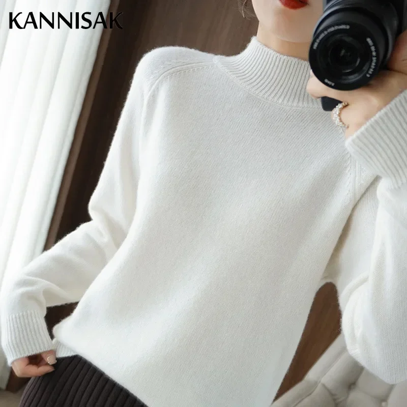 2024 Autumn Winter Thick Warm Sweater Women Half High Collar Cashmere Sweater Korean Solid Green Casual Basic Pullover Knitwear