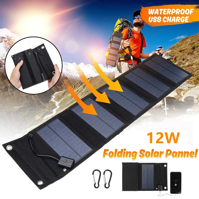 12W Foldable Solar Panel  Portable Cell Phone Battery USB Charger 5V Power Bank Waterproof For Outdoor Camping Emergency