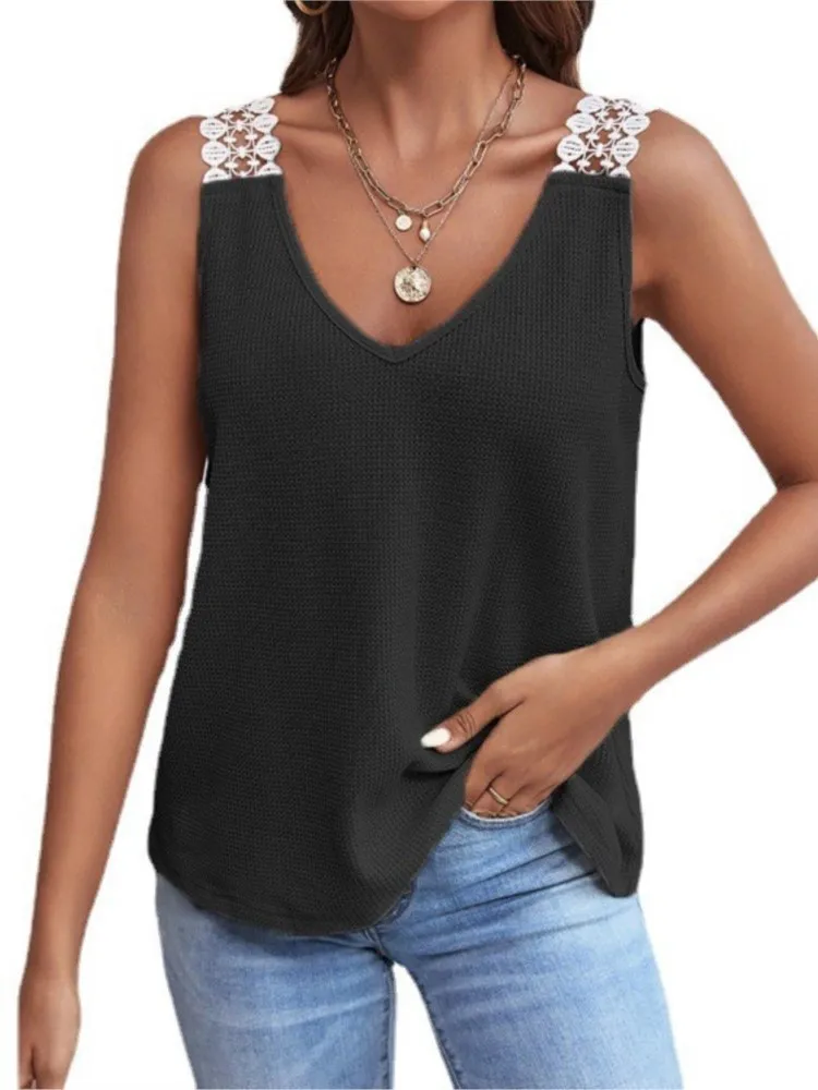

2026 New Women's Vest Solid Color V-neck Lace Stitching Can Be Worn Inside The Top Casual Commuting Vacation Beach T-shirt Y2K