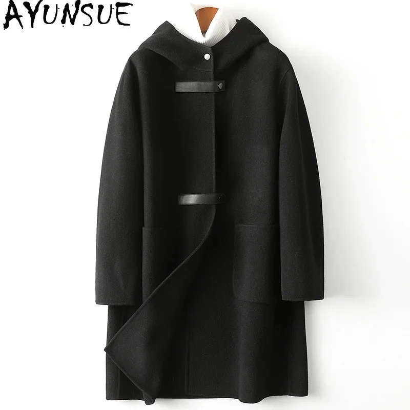 

100% AYUNSUE Wool Jackets for Women 2024 Fall Winter Hooded en Coat Casual Double-sided Coats Loose Outwear Jaquetas