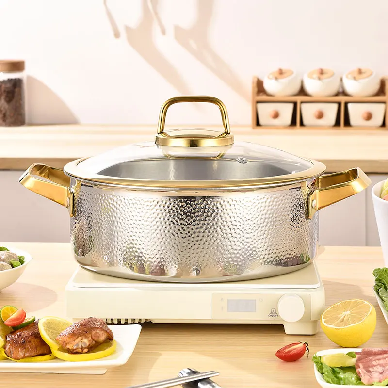 

304 stainless steel hammered soup pot with a gold-trimmed lid is an essential choice for households