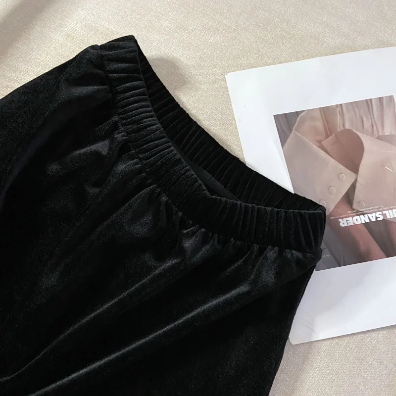 Herfst Winter Fluwelen Rok Vrouwen Werkfeest Lange Rok Zwarte Dikke Elastische Hoge Taille A-lijn Midi