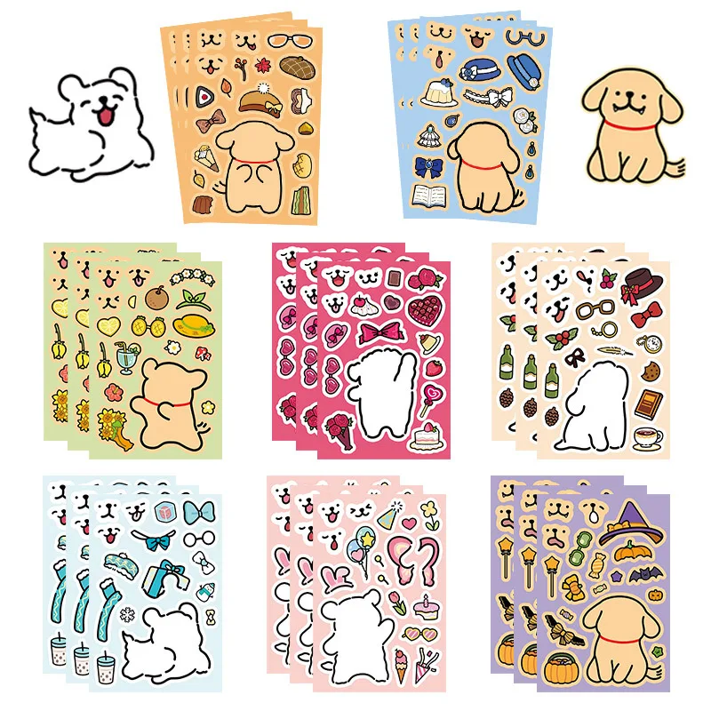 

8/16Sheets Cute Line Puppy Puzzle Stickers Make a Face Cartoon Decals Toys Kids DIY Jigsaw Assemble Games Party Decoration Gifts