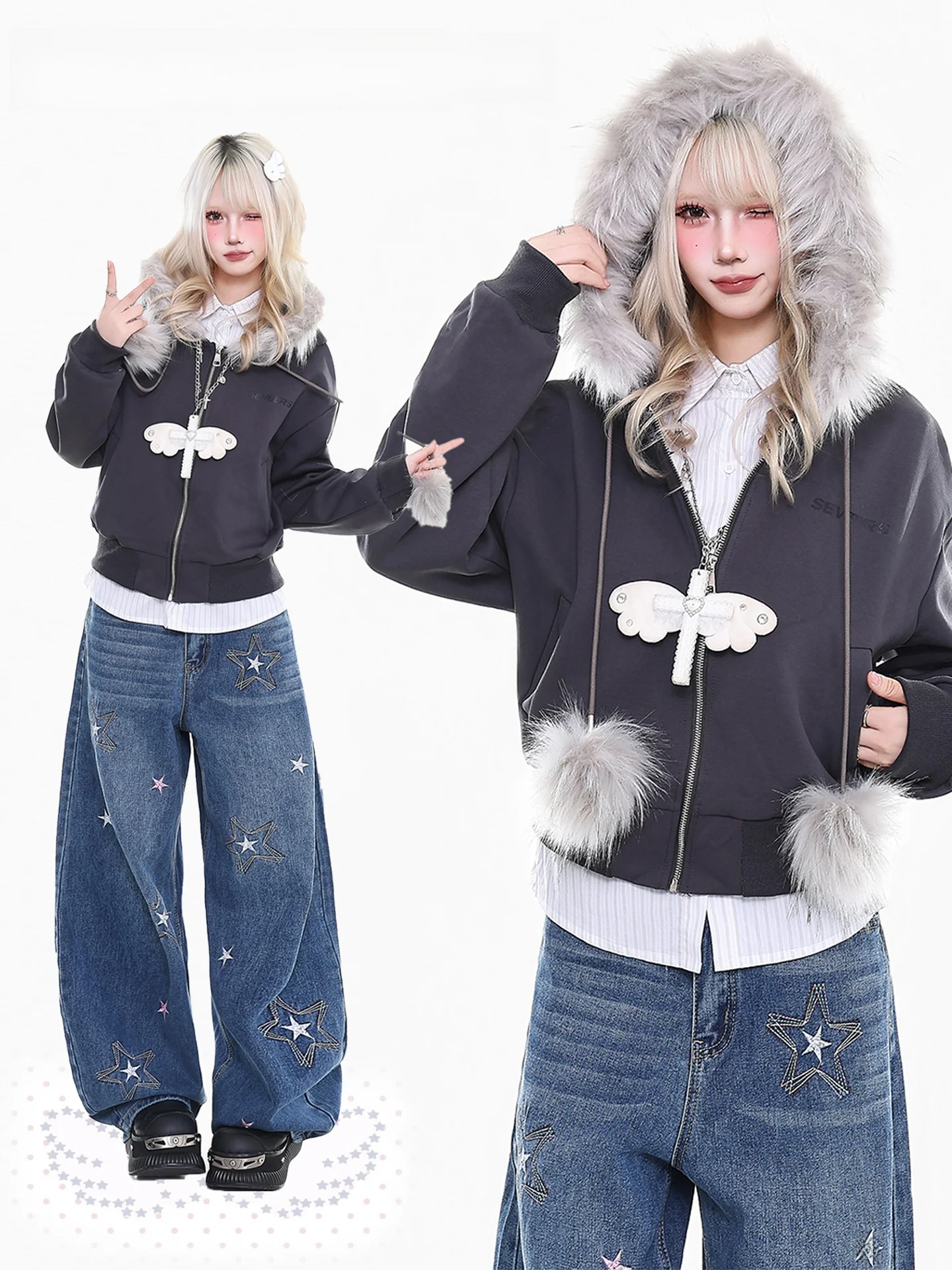 

Женская толстовка-куртка серии AY, свободного кроя, весенняя новинка, оранжевый мармелад, ретро-стиль, простое пальто с меховым воротником