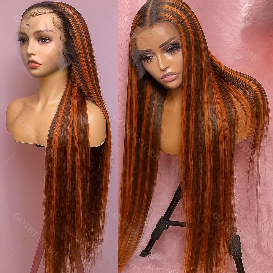 

Нет шелка # 4/350 Bone Straight Imbir Mix Коричневый Мелирование Парик Человеческие Волосы Необработанные Вьетнамские 5x5 HD 30-дюймовый Омбер Кружевной Фронт Бесклеевой