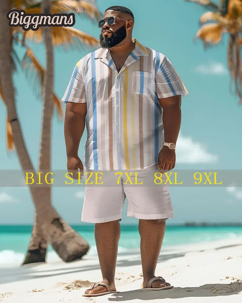 

Biggmans Shirt Plus Size Set L-9Xl for Summer Beach Clothing Oversize Hawaii Suit Hawaiian Colorful Block Print Shorts 7XL 8XL