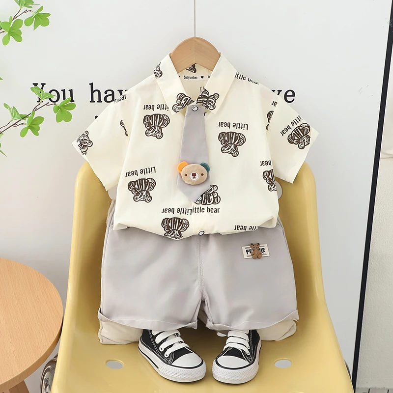 Kids Boy Summer Fashion Cotton Clothes Children Boys Bear Print Tie Shirts Shorts 2Pcs/Set Infant Toddler Tracksuits 0-5 Years