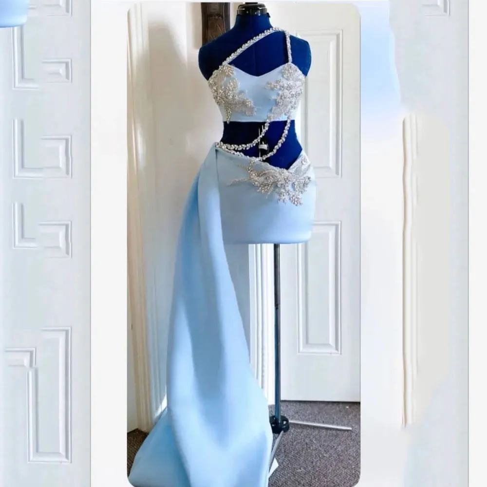

Luxury Blue Mini Short Cocktail Dress Sheath One Shoulder Cocktail Gowns for Women Sleeveless Beading Party Gown