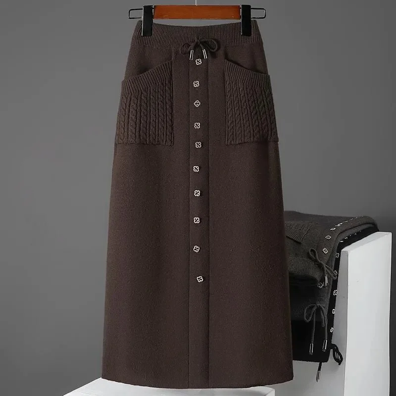 

New Autumn Winter Casual Knitted Skirt Women Fashion Buttons Drawstring Pocket A-line Solid Color Long Skirts Slim Jupe