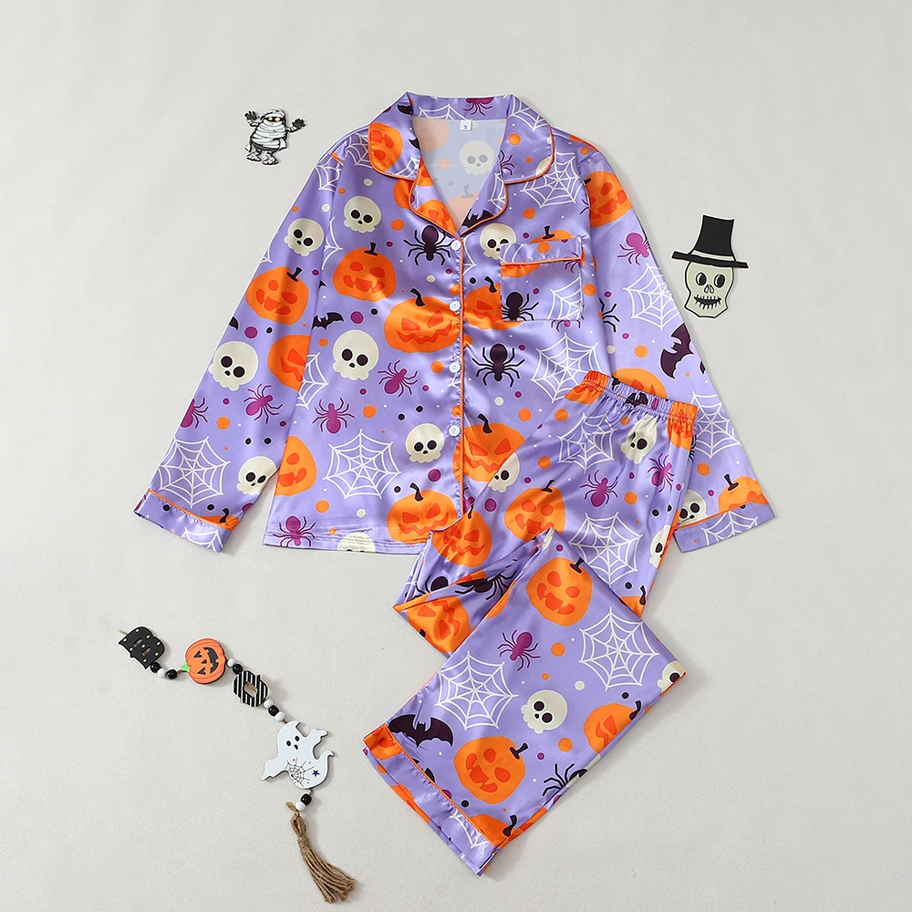 

2 шт., пижамный комплект на Хэллоуин с принтом тыквы для женщин, удобная мягкая одежда для сна с лацканами и длинными рукавами, топы, брюки, вечерние ночные рубашки
