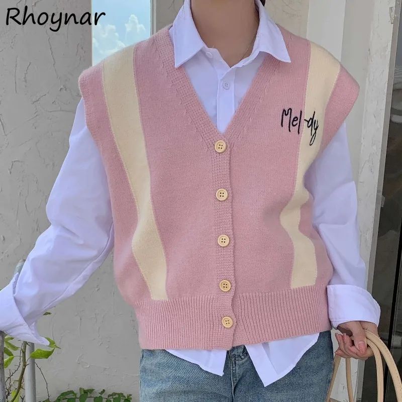 

Свитер-жилет для женщин, осенние многослойные универсальные повседневные однобортные вязаные топы с v-образным вырезом и вышивкой для девочек, уникальные