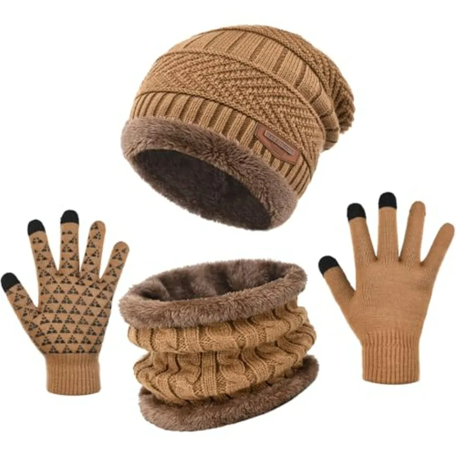 

3-Pieces Winter Beanie Hat Gloves Scaef Thick Lined Warm Knit Hat Touch Screen Gloves Neck Warmer Cold Weather Men and Women