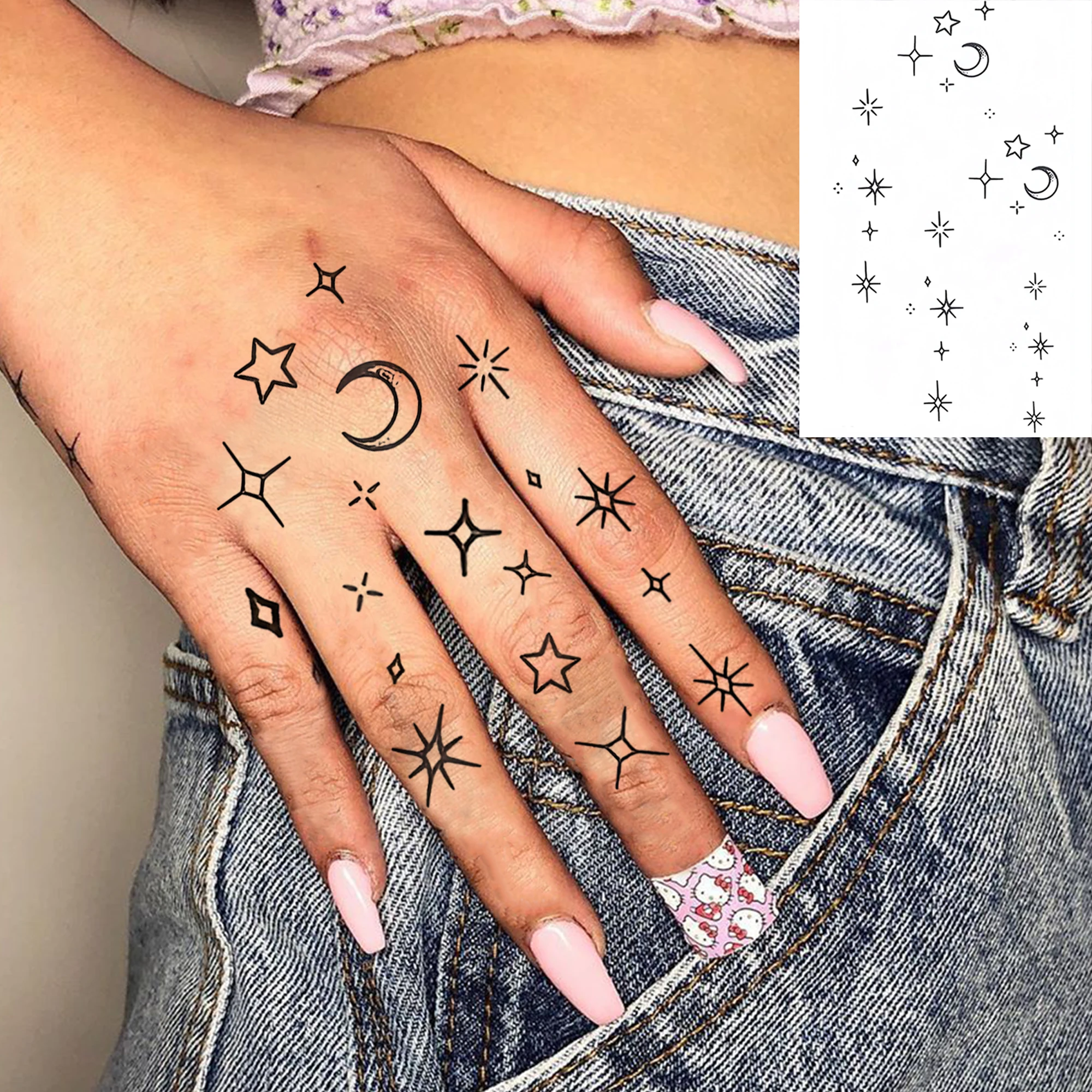 1 Sheet Butterfly Crescent Flower Star Temporary Tattoos For Women Finger Neck, Fake Tattoo Sticker Long Lasting Realistic Tatoo