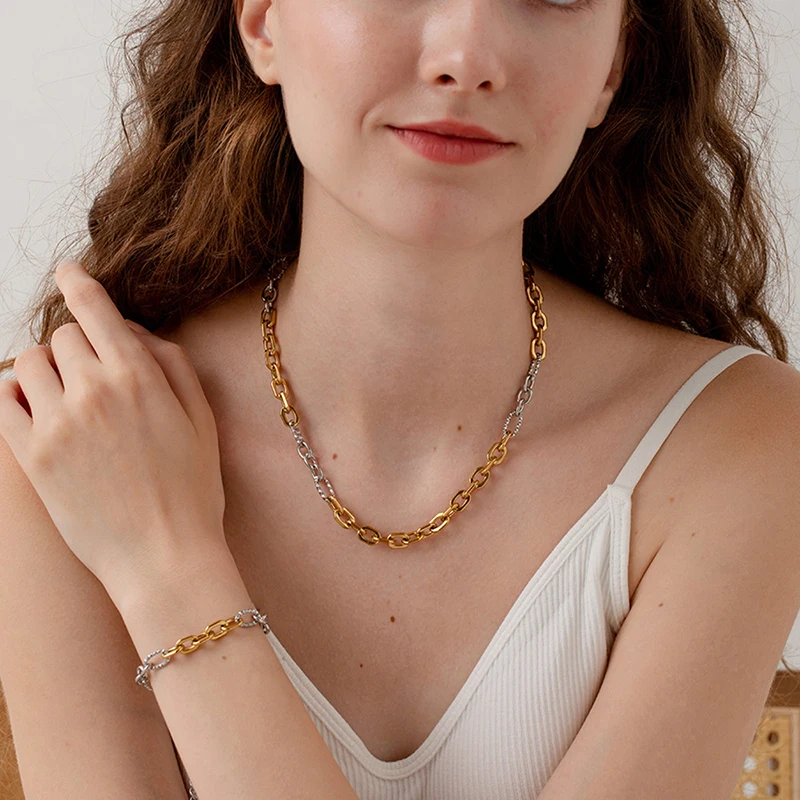 EILIECK Edelstahl Handgefertigte Modekette Halskette für Damen 18K Gold PVD-beschichtet Rostfrei Strukturiert Unisex Schmuck Geschenk – Detail 7