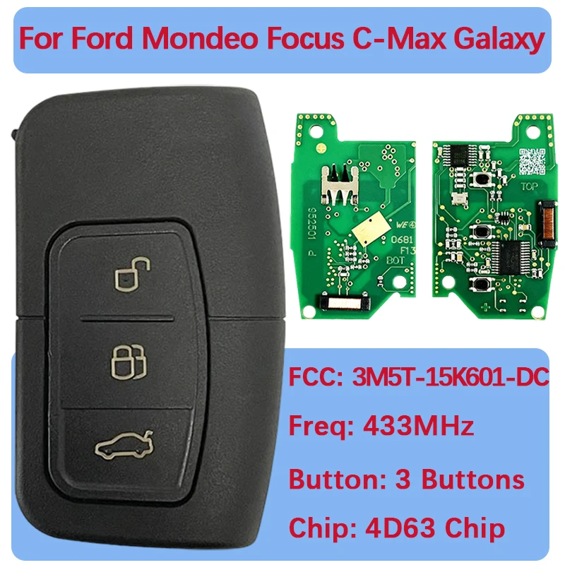 CN018048 Original Board 3 Buttons Smart Key 3M5T-15K601-DC 433MHz 1698112 4D63 Chip For Ford Mondeo Focus C-Max Galaxy 2005+
