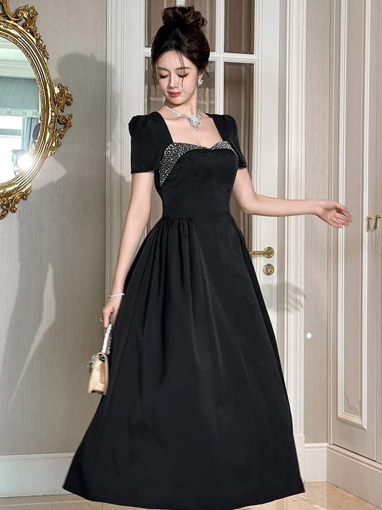 Rétro élégant noir été dames strass Maxi Robe à manches courtes Robe formelle Robe de soirée nouveau Vestido vêtements pour femmes