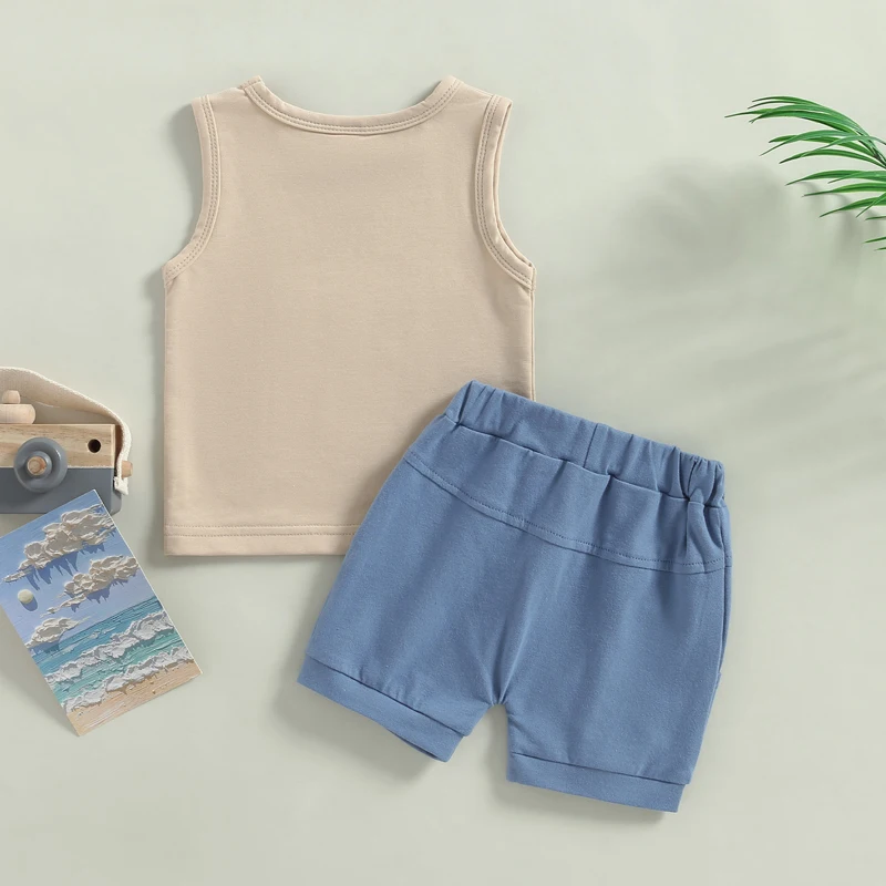 Conjunto de roupa infantil de 2 peças, sem mangas, gola redonda, estampa de dinossauro, regata, cintura elástica, shorts de cor sólida para o verão