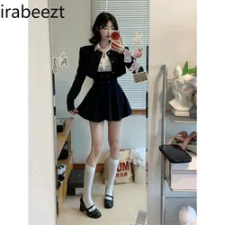 Women's Dress Sets O-Neck Short Coat+Waist Retraction Strap Skirt+White Shirt Academy Style Spicy Girl Three Piece Lady Clothing