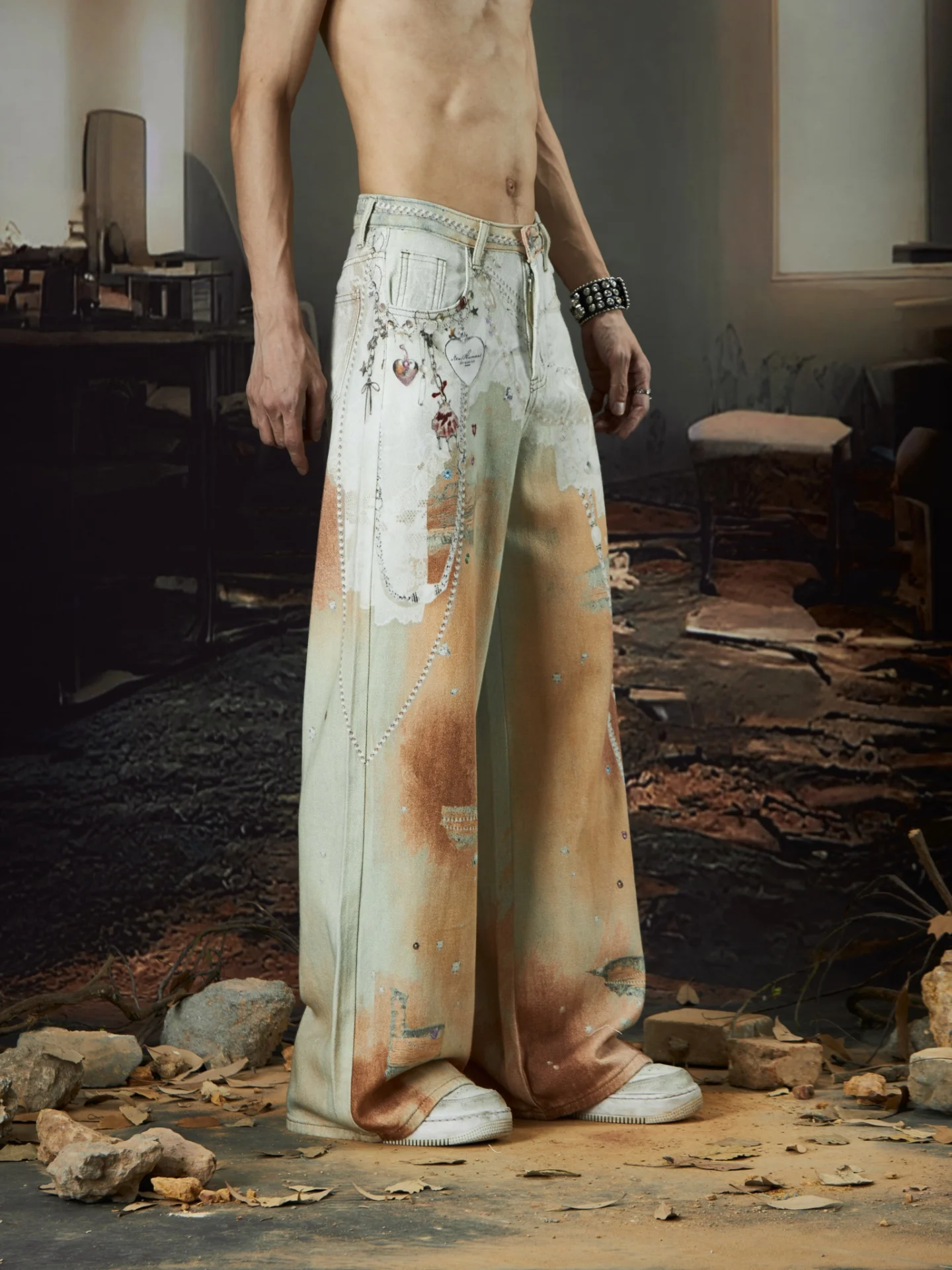 

Special-Interest Design Super Nice 3D Digital Printing Chain Washed and Worn Loose Straight Printed Jeans Trousers