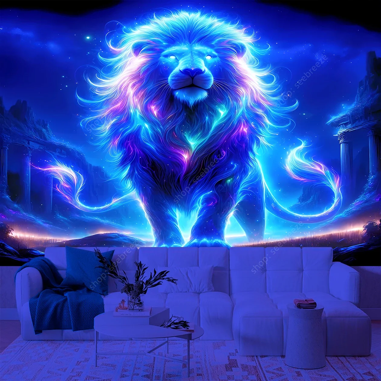 Psychedelic Animal Tapestry Cool Lion UV Reactive Tapestry Wall Hanging for Hippie Kawaii Room Decor Beach Towel Gift for Friend