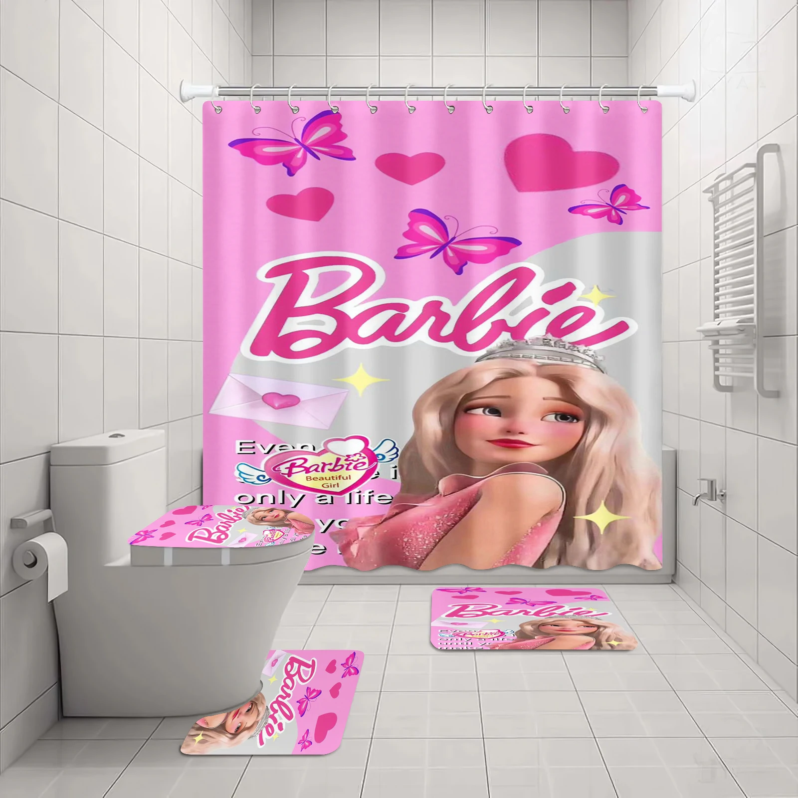 Cartoon Barbie Shower Curtain for Kids, Cute Polyester Set, Various Sizes, Bath Mats, Kawaii Bathroom, Great Gift