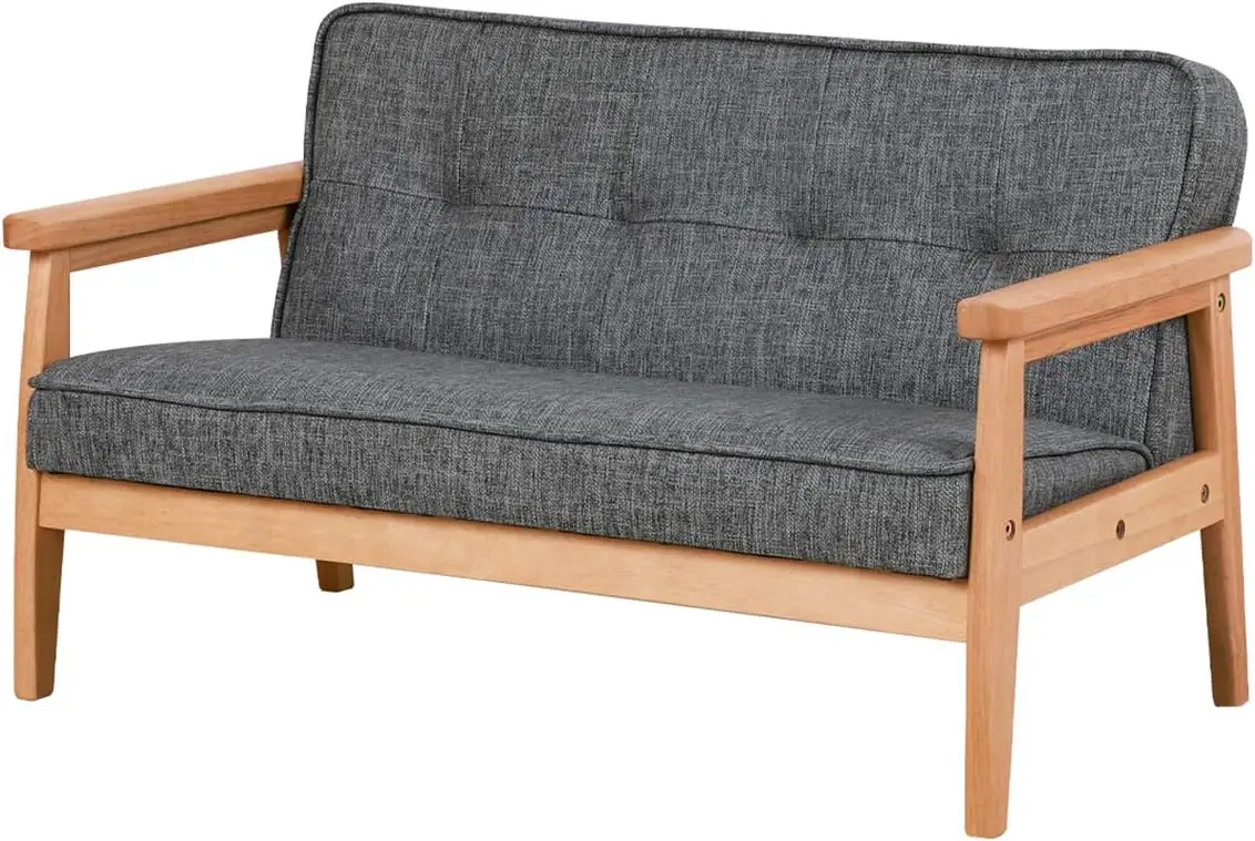 Kid Sofa Chair, Kid Couch with Solid Wood Arm and Linen Pattern PVC for Kids Rest (Dark Grey)