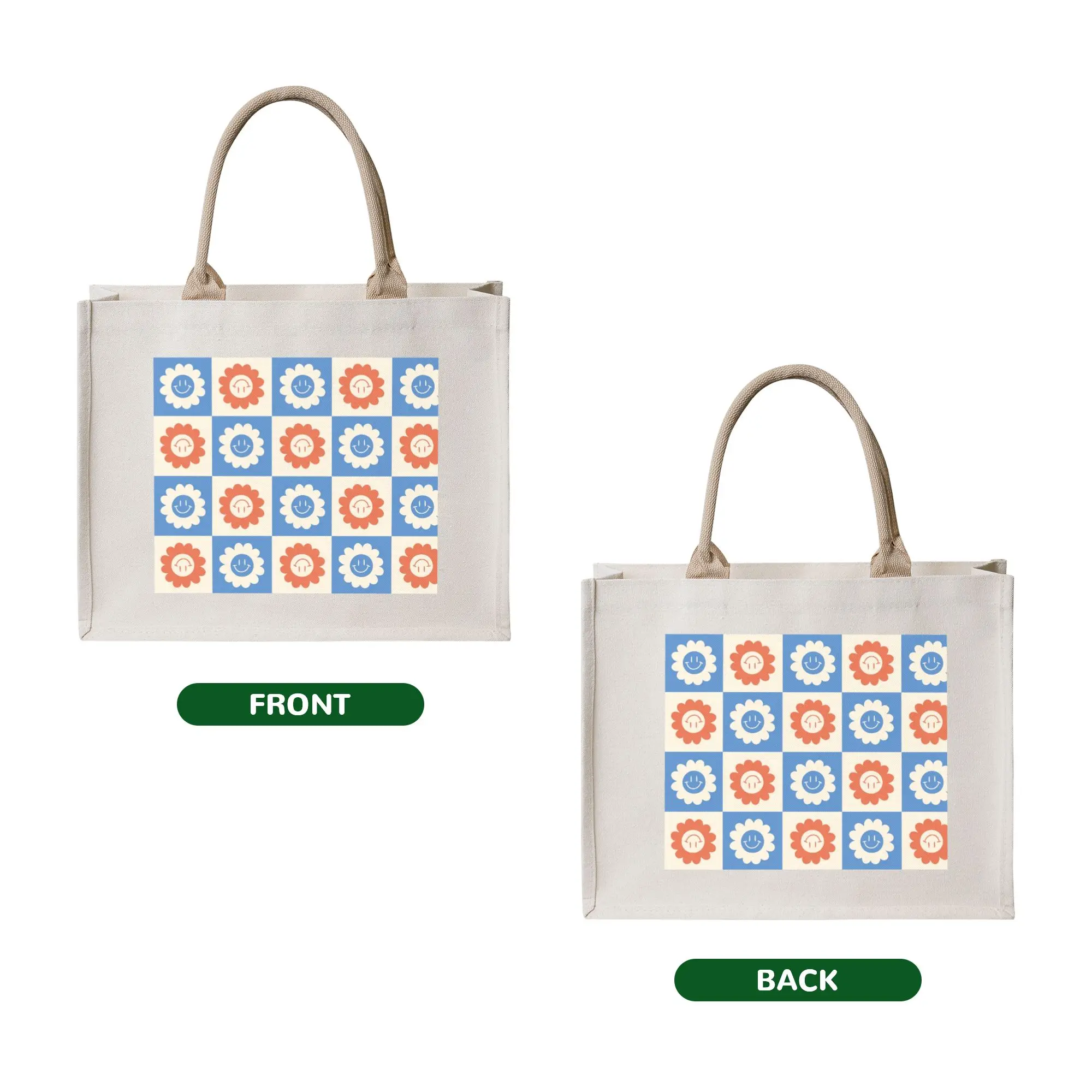 Custom Checkered Daisies Happy Face  Shopping Bag Women Portable Big Capacity Groceries Groovy Flowers  Tote Shopper Bags