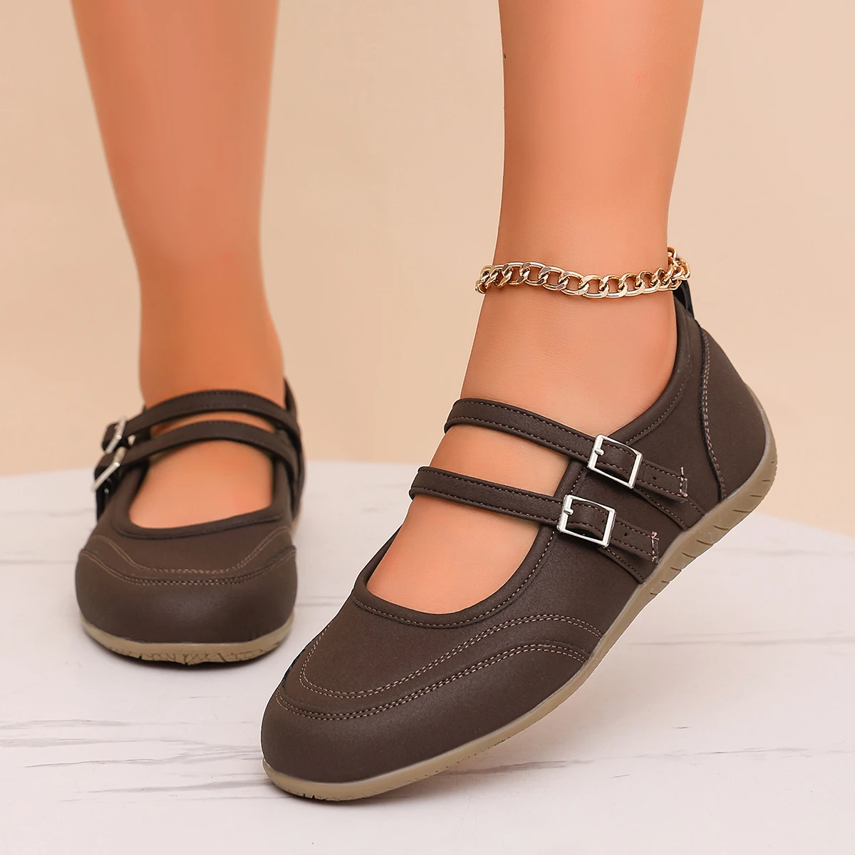 Women's Plus Size Solid Color Simple Joker Low-cut Shoes 2026 Spring and Summer New Fashion Double Buckle Design Casual Shoes