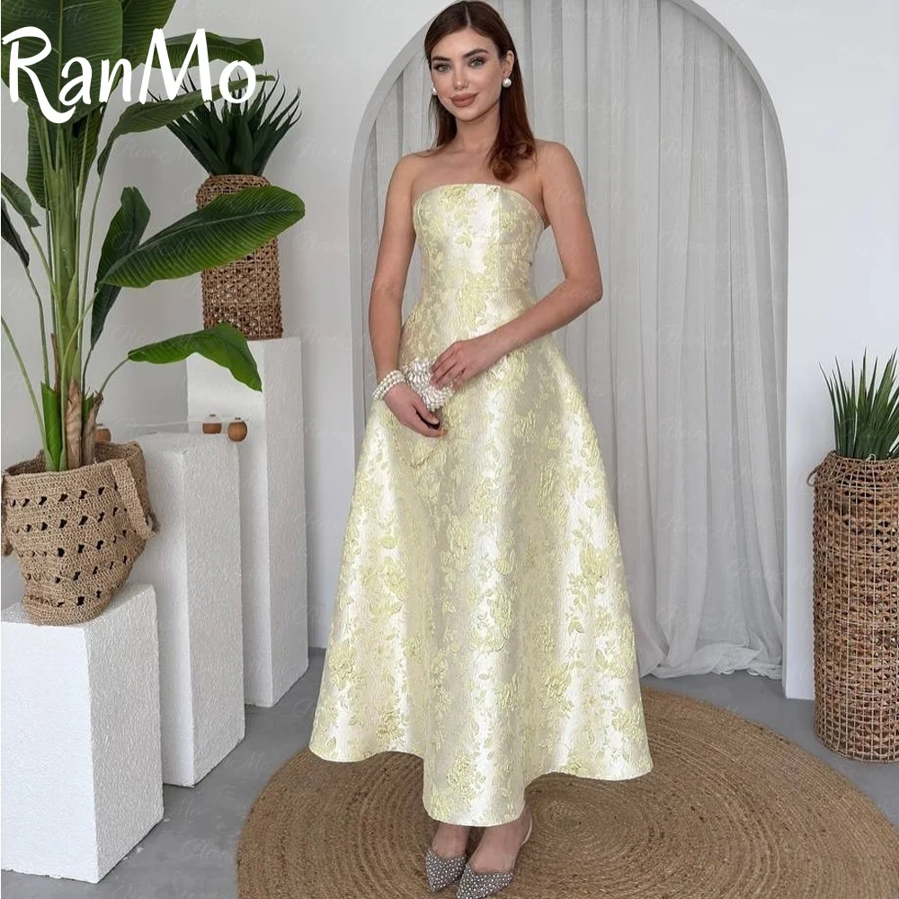 

Ranmo 2025 New Modest Yellow Jacquard Dresses Evening Dresses Sleeveless Satin Bespoke Saudi Arabia Vestidos De Festa Customized