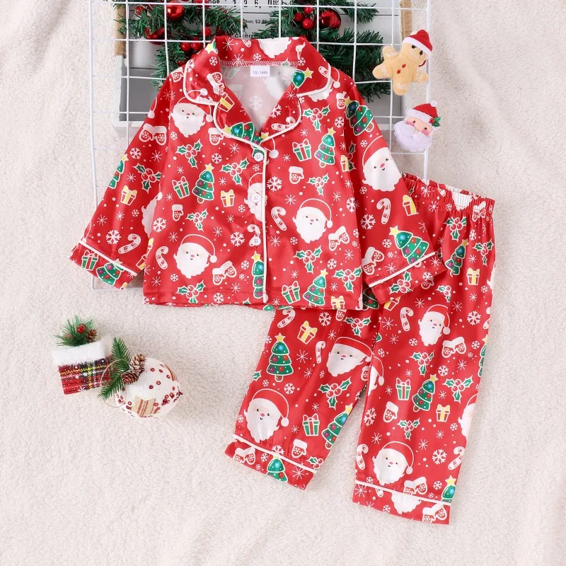 Winter Christmas Pajama Set for Girls Boys Long Sleeved Cardigan Top+ Long Pants Sleepwear for Kids Children Pijama Clothes Sets