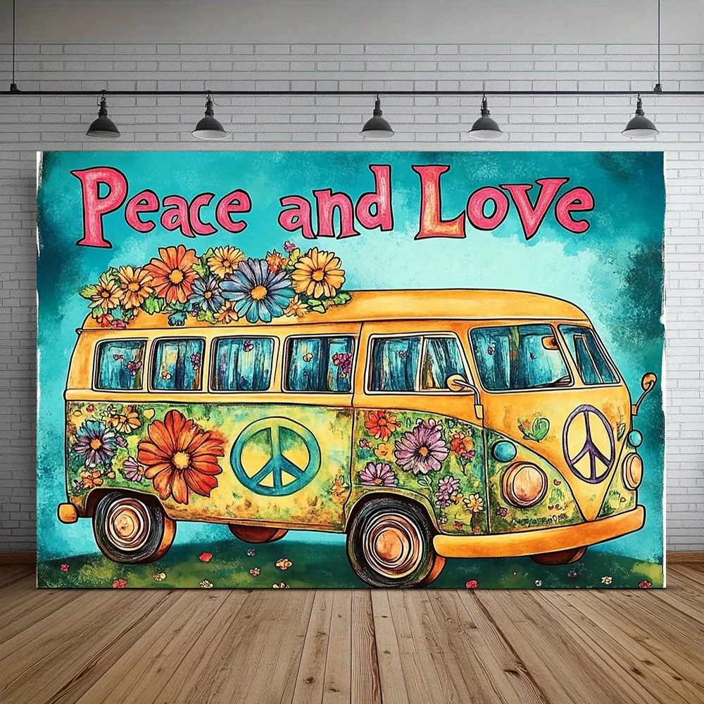 Peace and Love Hippie-Bus-Wandteppich, Vintage-Stil, 70er-Jahre, Schlafzimmer, Wohnzimmer, Wohnheim, dekorative Wandbehang, vielseitiger Hintergrund für Partys