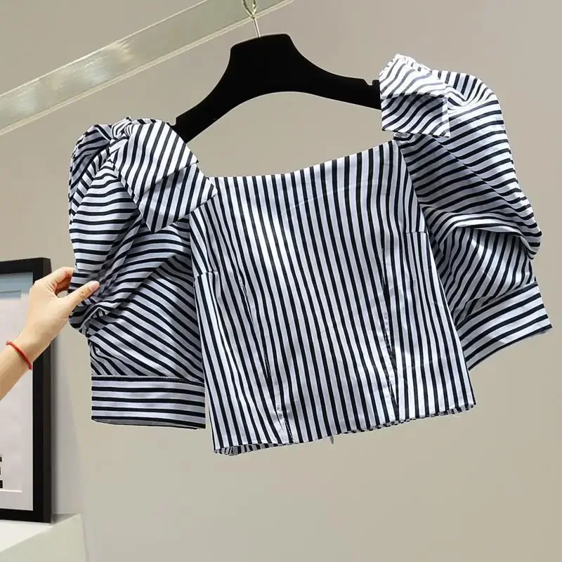 Neploe 2024 Summer Korean Slim Fit High Waist Short Shirt Vintage Stripe Bow Zipper Puff Sleeve Blouses Femme Chic Sweet Blusas