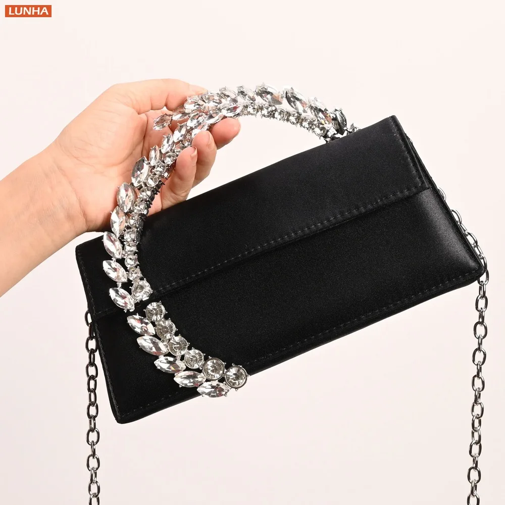 Women Elegant Satin Envelope Clutch Crystal Embellished Rhinestone Handle Evening Purse Bag for Wedding Cocktail Parties Prom