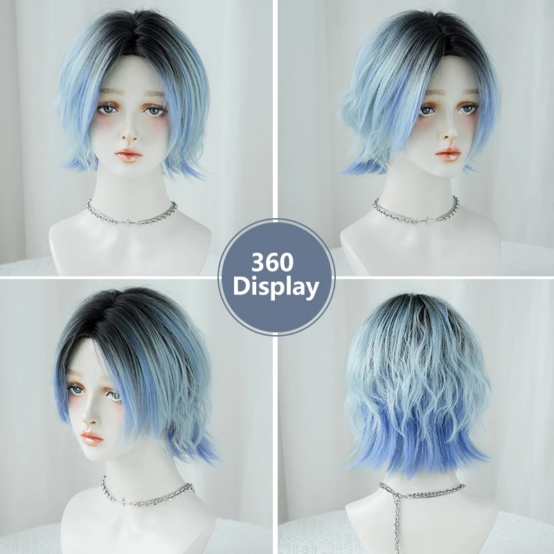 7jhh perucas-peruca sintética para a menina, peruca cosplay, curto, ombre, azul, alta densidade, cauda de lobo, parte do meio, roxo, lolita
