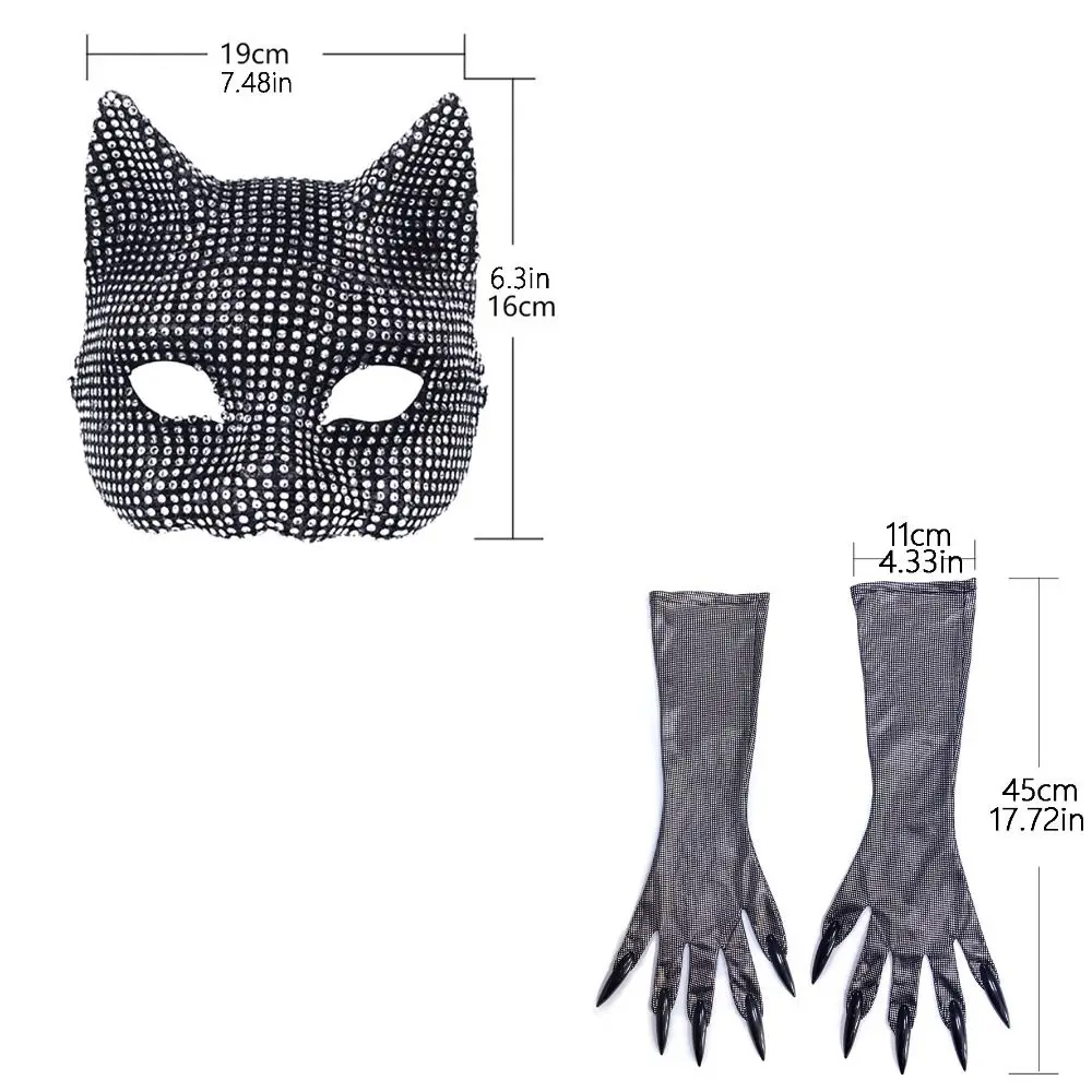 Ensemble de gants et masque demi-visage pour chat et fille, accessoire de Cosplay, strass, masque facial pour femme, Costume de fête d'halloween