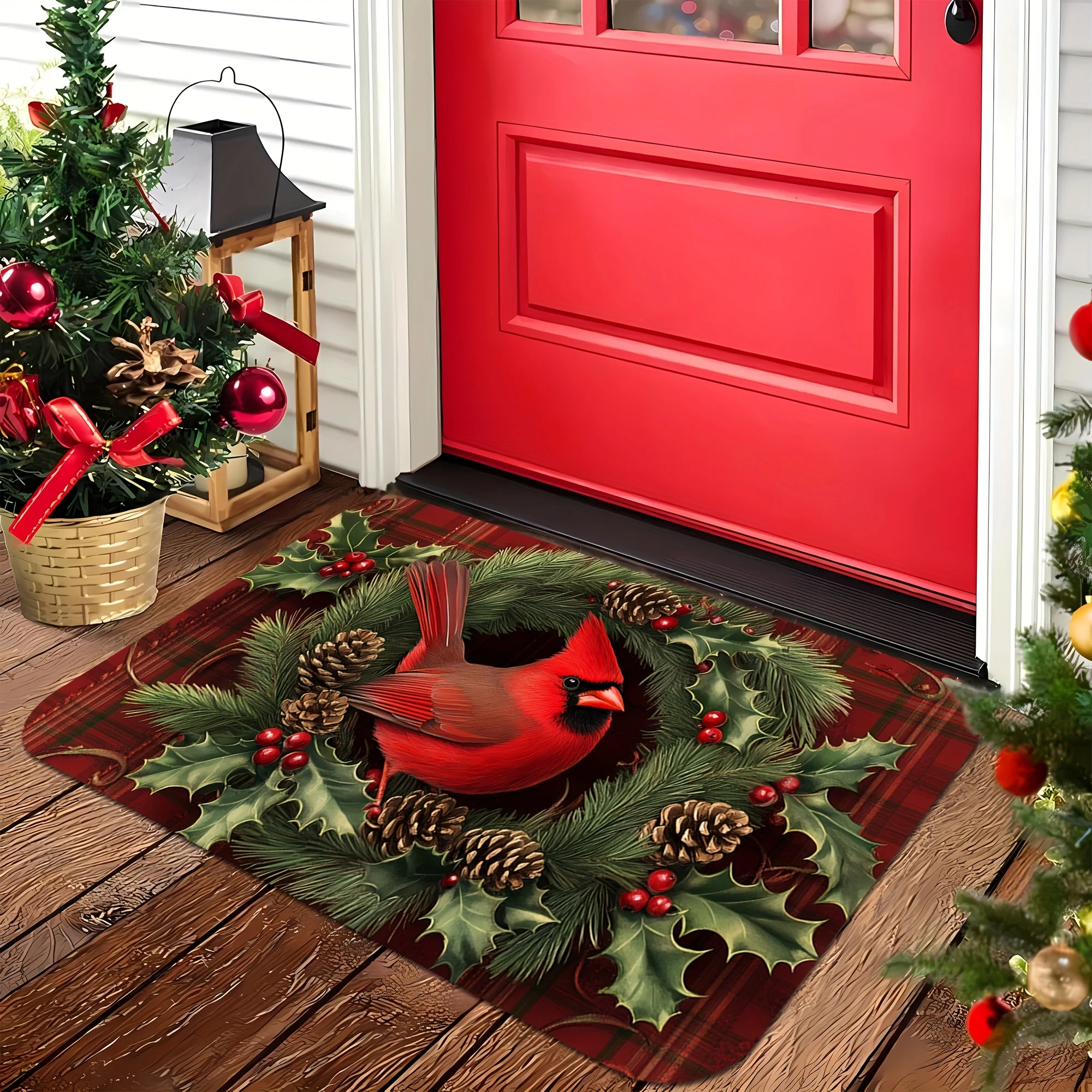 VIKAMA Christmas Doormat Non‑Slip Washable Front Door Rug Indoor Outdoor Xmas Bird Wreath Plaid Decor Mat for Rustic Entryway