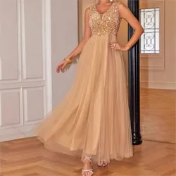 Women's Summer New Dress V-neck Sleeveless Solid Color Dress Fashion Sexy Glitter Mesh Stitching Swing Dress