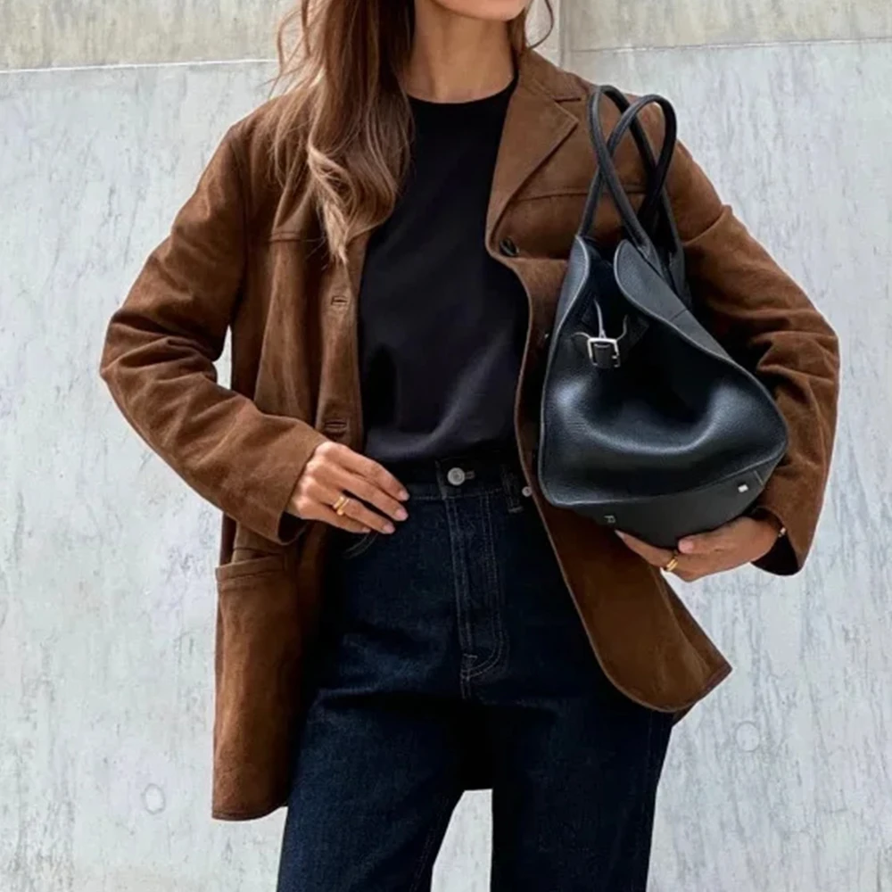 

Elegant Brown Suede Jacket For Women Autumn Fashionable Button Detail Pockets Outerwear Stylish Design