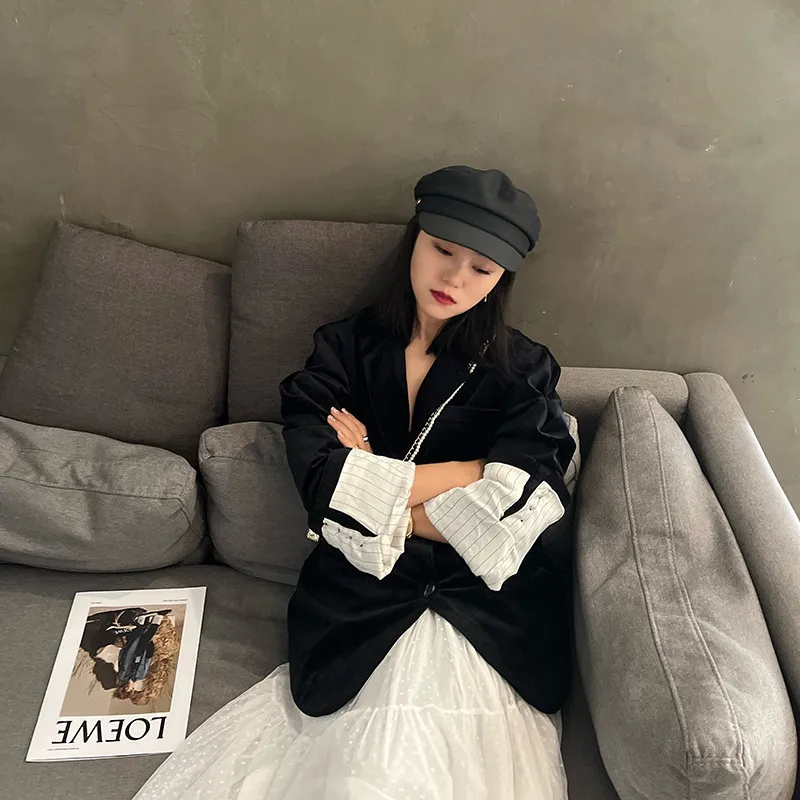 Korean Women Casual Black Soft Velour Suit Jacket 2024 Spring Autumn New Loose Notched Collar Long Sleeve Female Blazers Outwear