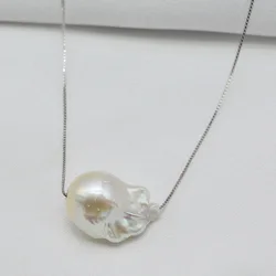 Women's 925 Sterling Silver Necklace White Natural Pearl Pendant Large Grain Pure Baroque Pearl Necklace Anniversary Gift