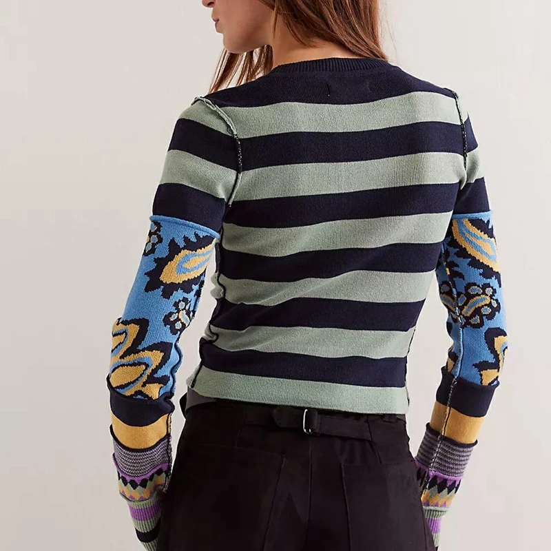 Combhasaki feminino y2k vintage listra impressão contraste cor pulôver topos manga longa tripulação pescoço camisa fina recortada malhas camisola