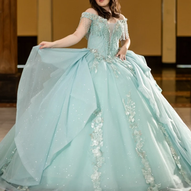 

Light Green Quinceanera Dresses Off The Shoulder Applique Lace Beading Tull Ball Gown Vestidos De 15 Anos Sweet 16 Dress