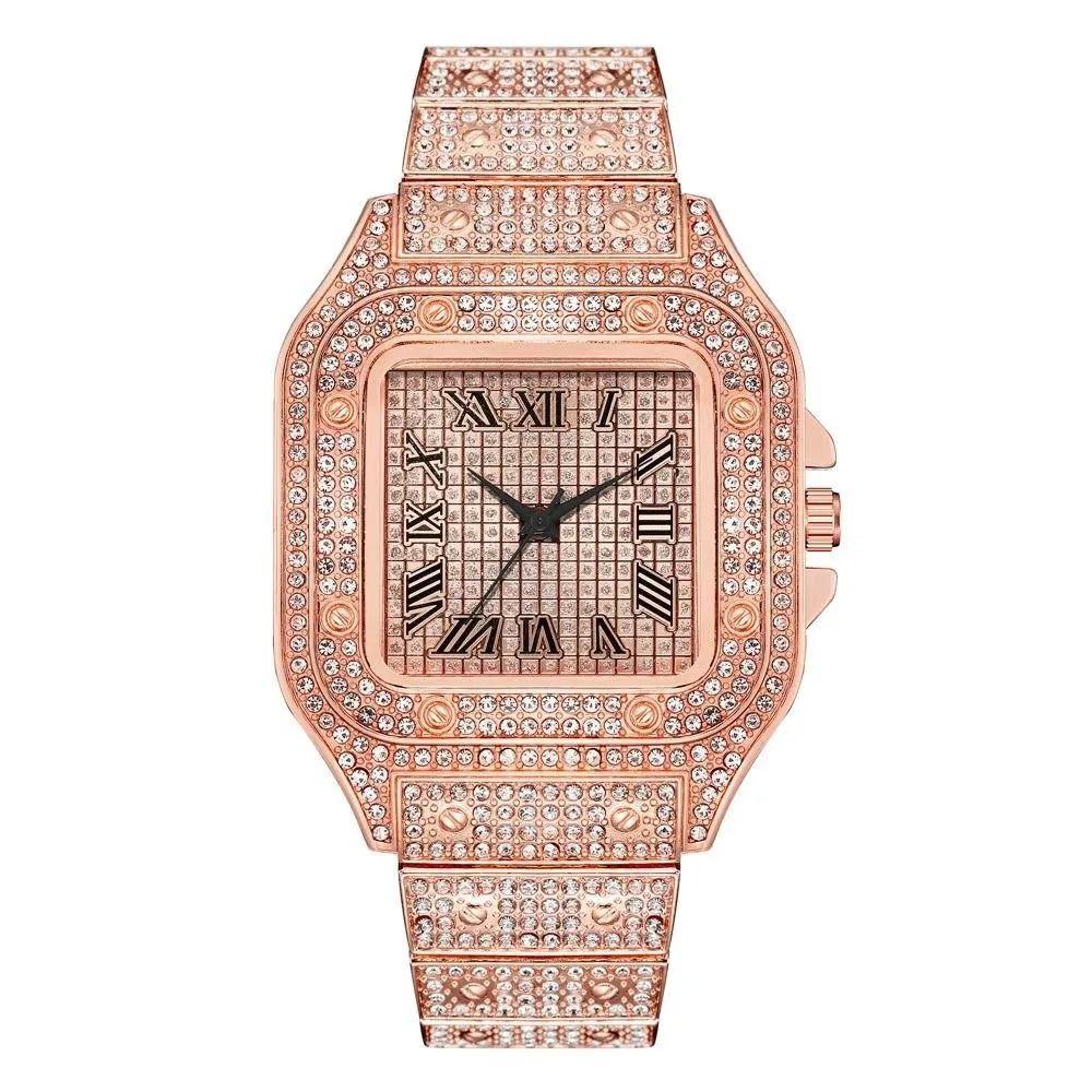 Waterproof Classic Luxury Business Watch Steel Strap Roman Scale Quartz Wristwatch Rhinestone Square Men Watch Male Fashion
