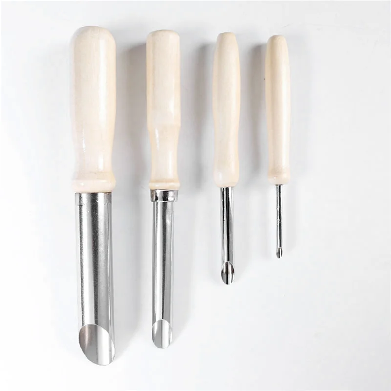 4PCS  Tools Stainless Steel Punch Pot Hole Drilling Round Practical Wooden Handle Manual Set White&Silver