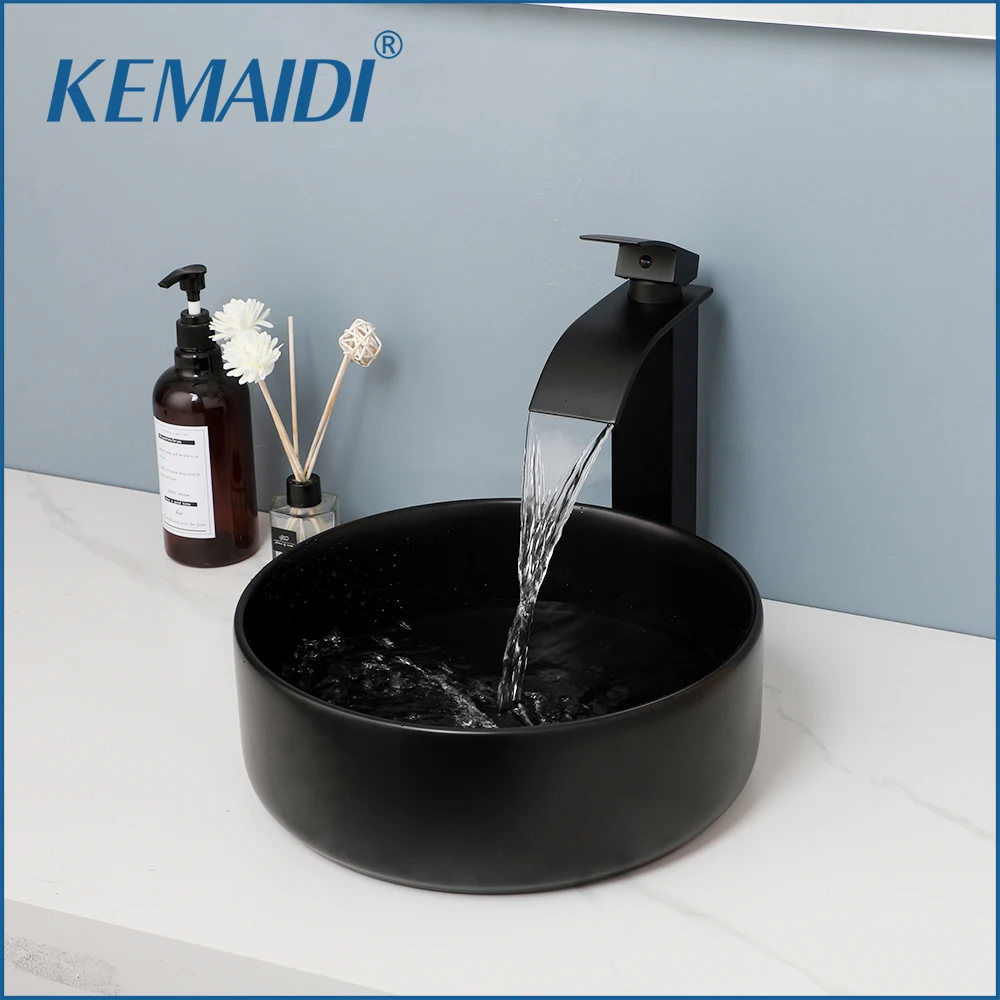 Kemaidi-matte Black Banheiro Pia de Lavagem de Cerâmica Torneira Mixer Tap Grupo Acima do Contador Pia do Banheiro Redonda Deck Montado