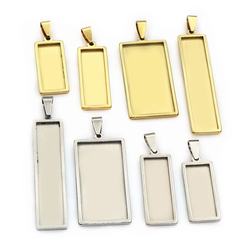 5 sztuk ze stali nierdzewnej 10x25mm 10x50mm rozmiar wewnętrzny prostokątny wisiorek Cabochon baza Cameo puste ustawienie taca do tworzenia biżuterii DIY
