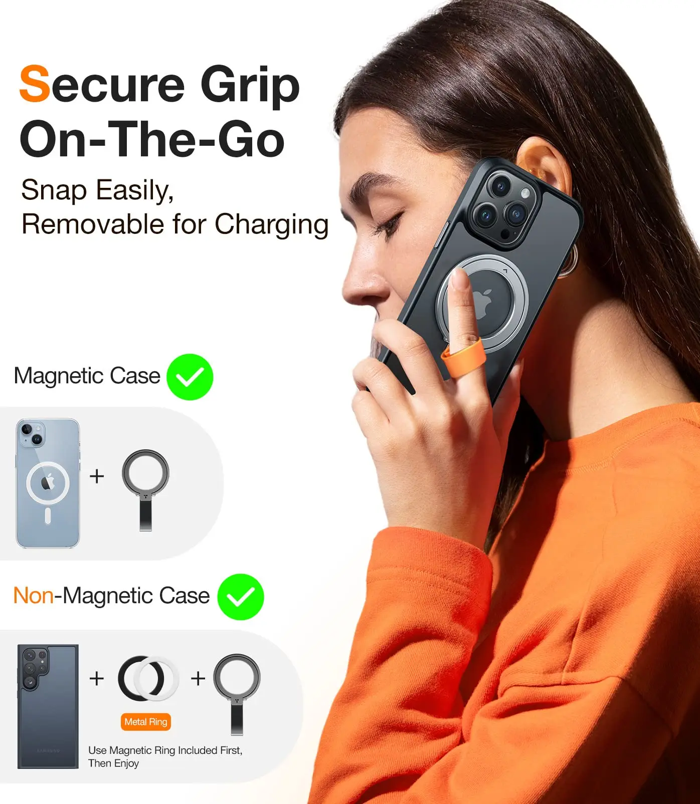 TORRAS Magnetic Phone Grip Holder with Silicone Finger Strap Magsafe Ring Holder for iPhone 15 14 13 12 Pro Max Plus S24 Ultra