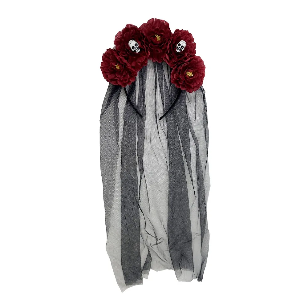 

Длинная лента-вуаль Хэллоуин повязка для волос для девочек День мертвых Черная вуаль с цветами Головной убор Красная роза с цветочным принтом Готический обруч на голову