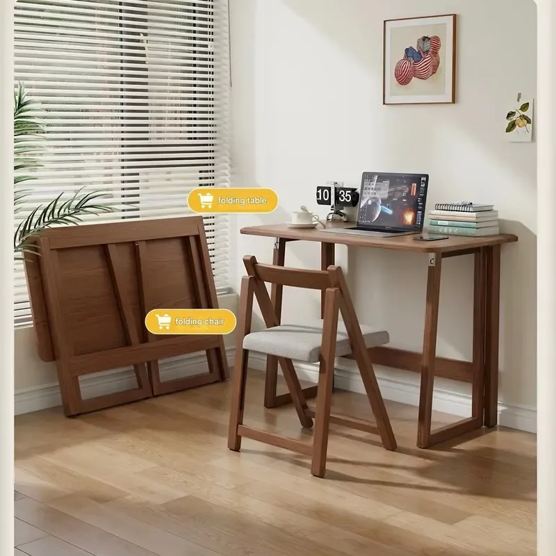 Foldable Portable Rubberwood Desk and Chair No Installation Required for Home Computer Desks and Small Apartment Dining