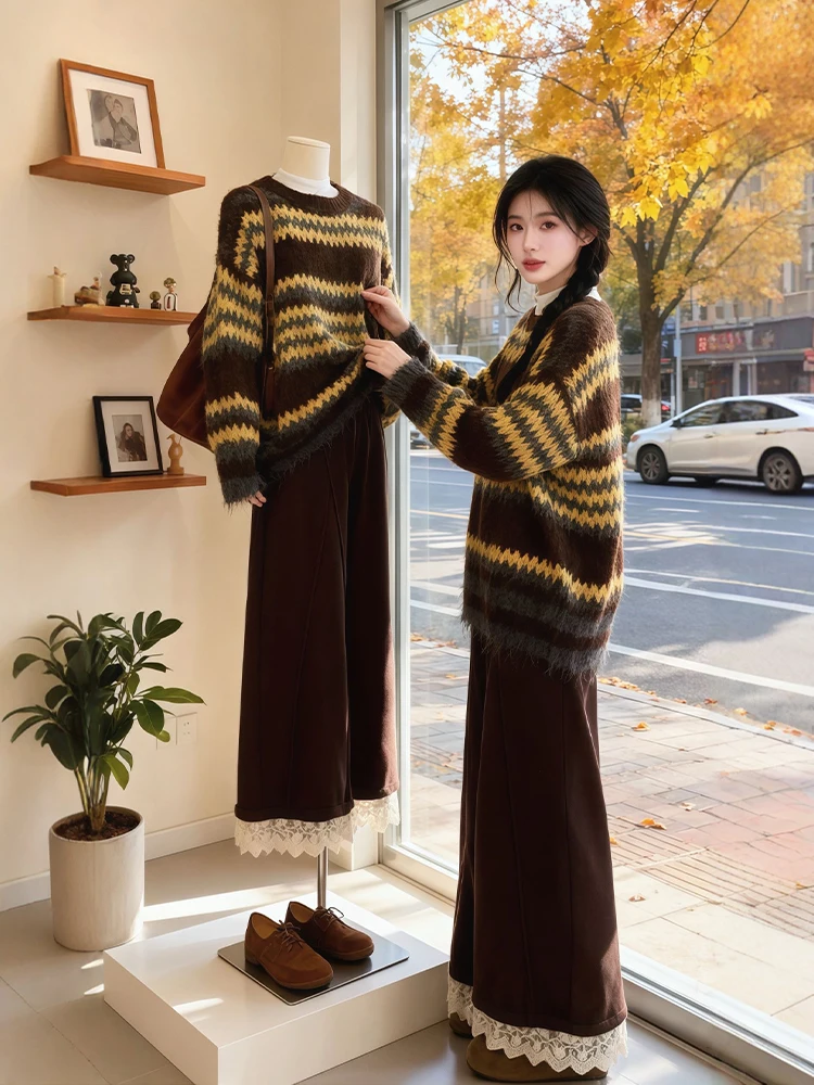 

Lazin Sle Striped Knitwear Sweater And Wide Leg Pants Two Piece Set plus Size Winter Faion Korean Loose Fit High Waist